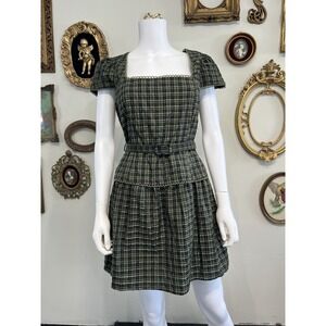 Arose Studio Olive Green Black Plaid Scallop Trim Belted Mini Dress Size Medium